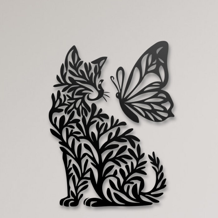 Decoración de Gato y Mariposa en Archivo Digital para Corte Láser