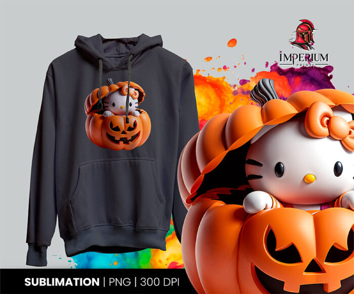 Clipart de Hello Kitty saliendo de Calabaza para Halloween 3D para Sublimación en PNG Alta Resolución