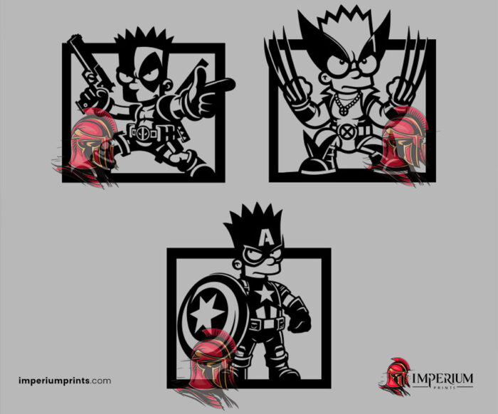 Set 3x1 de Bart Simpson Wolverine, Dead Pool y Capitan América en Archivo Digital para Sublimación y Corte Láser