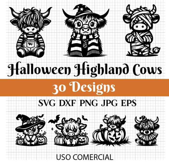 32 Vacas Highland de Halloween en Archivo Digital para Sublimación y Corte Láser